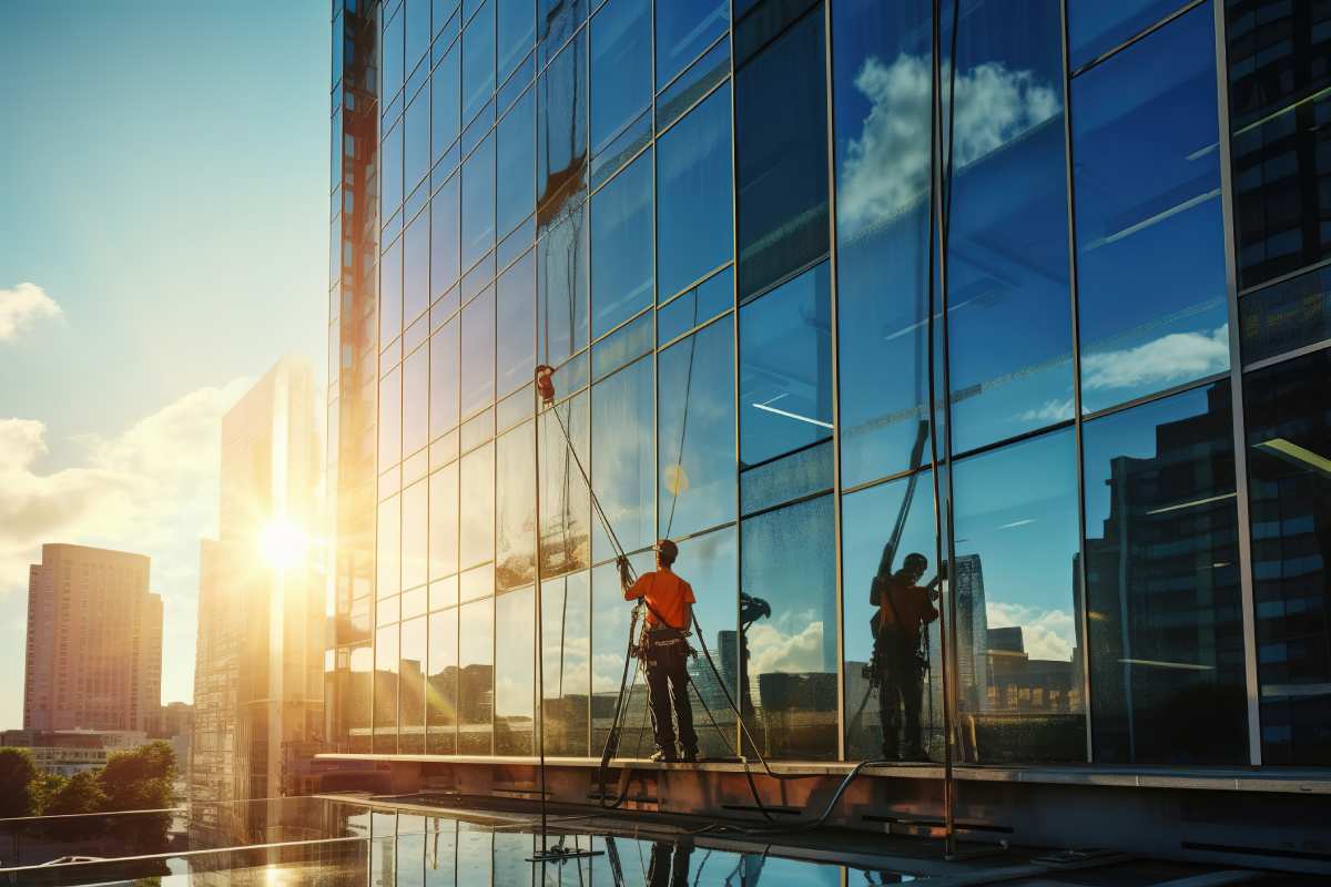 Window Washer Outside Of An Office Building That Was Recently Sold Through An M&A Advisor For Facilities Services Sector