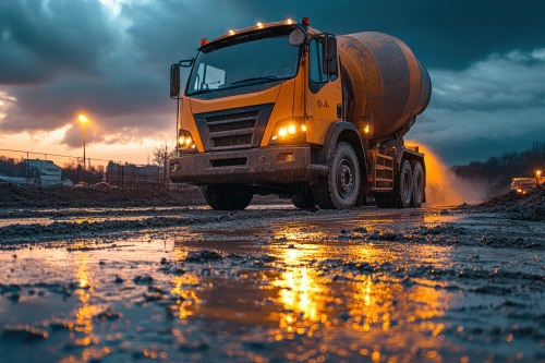 Cement truck on a wet road preparing to start paving