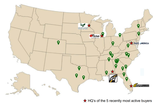 Map showcasing the most active firms in paving M&A in recent time