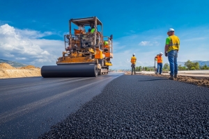 Road Paving Operations with Heavy Equipment and Workers