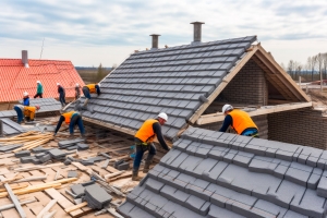 Roofing Business Workers Installing Roof on A Modern House